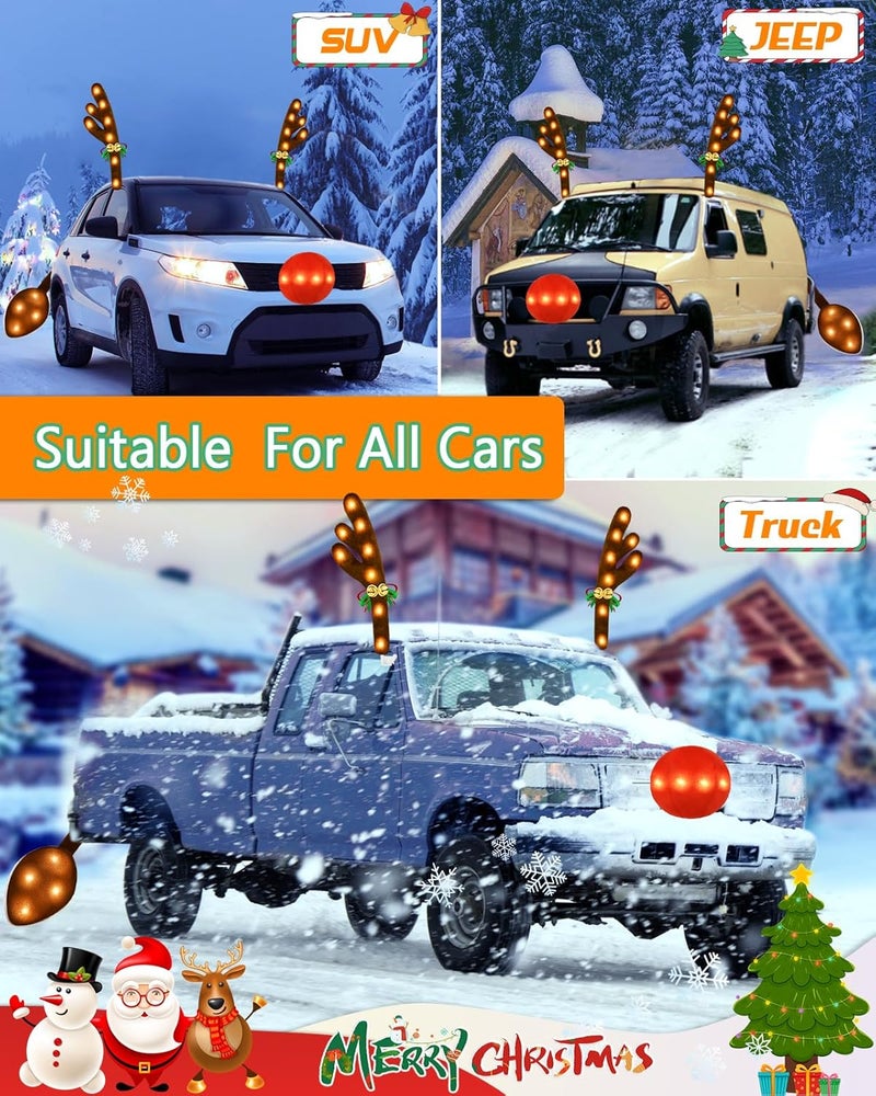 Dergo Christmas Reindeer Antlers Car Decoration Kit with LED Warm White Lights, Vehicle Christmas Car Kit with Jingle Bells Rudolph Reindeer and Nose, Tail for The Trunk - Image 2